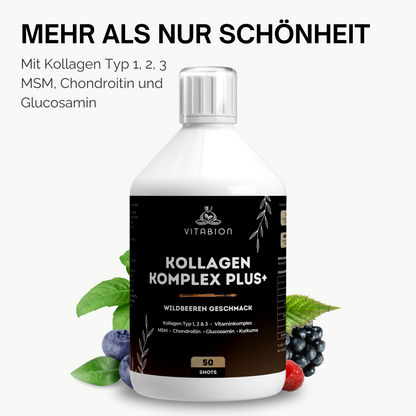 Kollagen Komplex PLUS+ Drink mit Hyaluronsäure, MSM & Vitaminen – Wildbeergeschmack - 500ml
