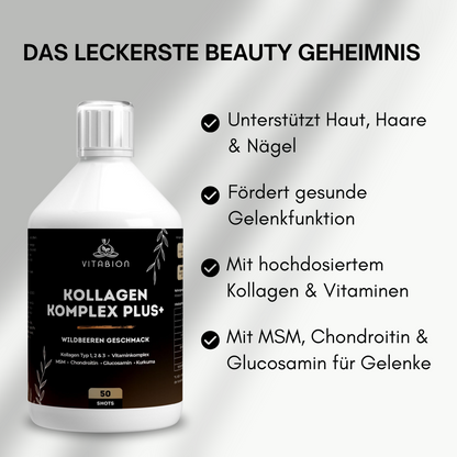 Kollagen Komplex PLUS+ Drink mit Hyaluronsäure, MSM & Vitaminen – Wildbeergeschmack - 500ml