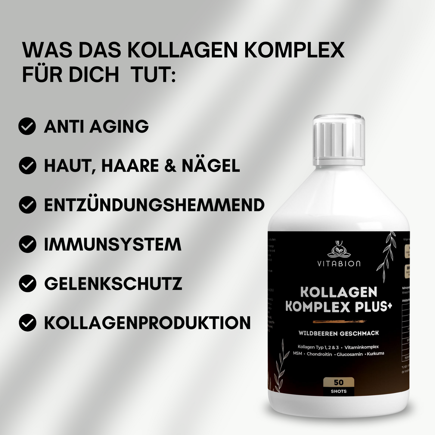 Kollagen Komplex PLUS+ Drink mit Hyaluronsäure, MSM & Vitaminen – Wildbeergeschmack - 500ml