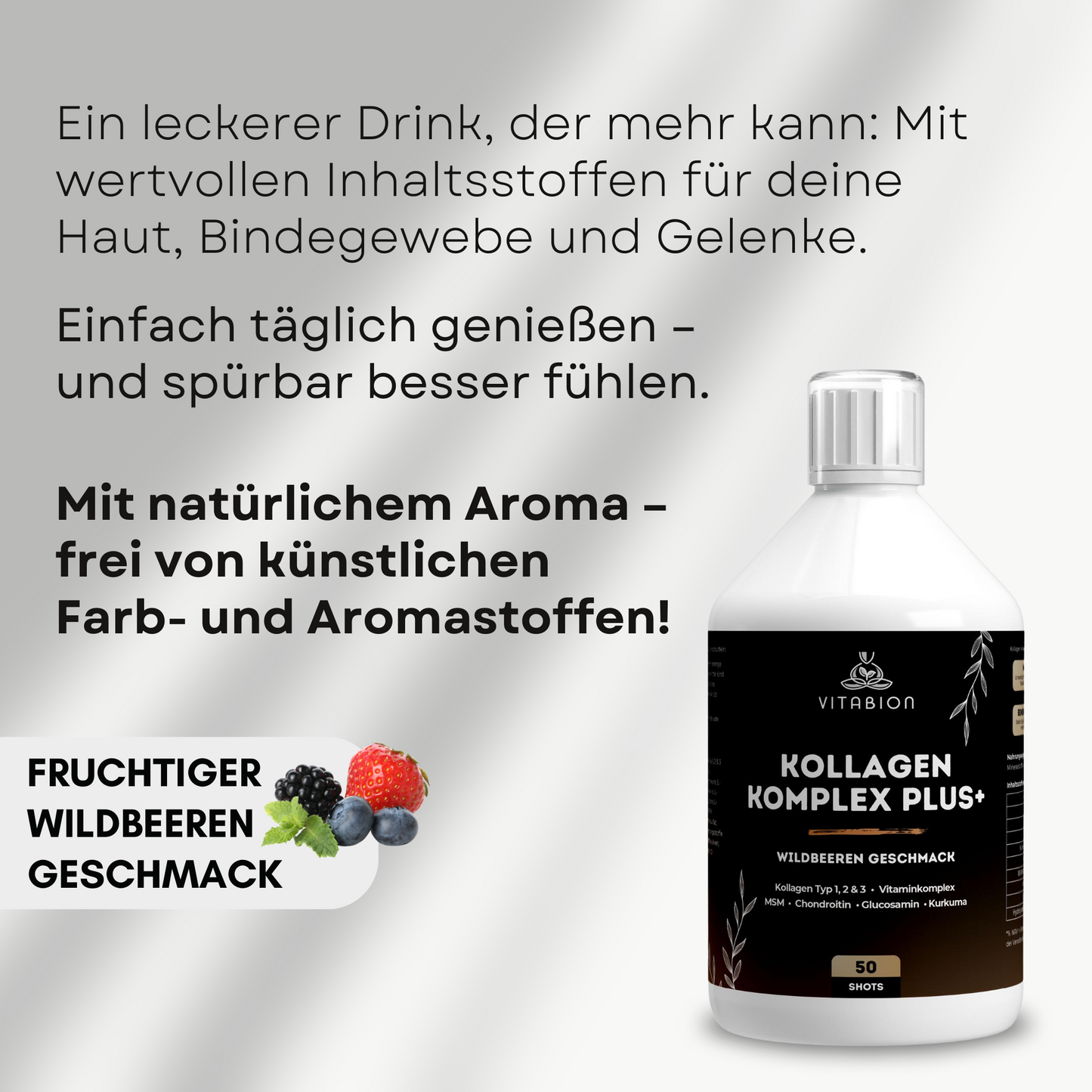 Kollagen Komplex PLUS+ Drink mit Hyaluronsäure, MSM & Vitaminen – Wildbeergeschmack - 500ml