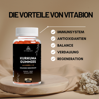 Kurkuma + Ingwer + Schwarzer Pfeffer Gummies mit Orangengeschmack - 60 Stk.