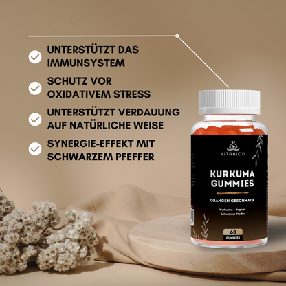 Kurkuma + Ingwer + Schwarzer Pfeffer Gummies mit Orangengeschmack - 60 Stk.