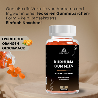 Kurkuma + Ingwer + Schwarzer Pfeffer Gummies mit Orangengeschmack - 60 Stk.